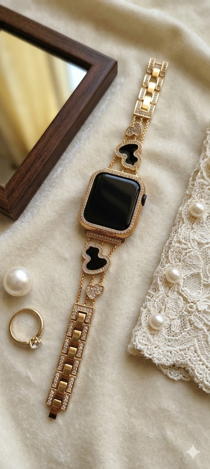 Glamour Gold & Black Heart Jewel Bracelet Band for Apple Watch